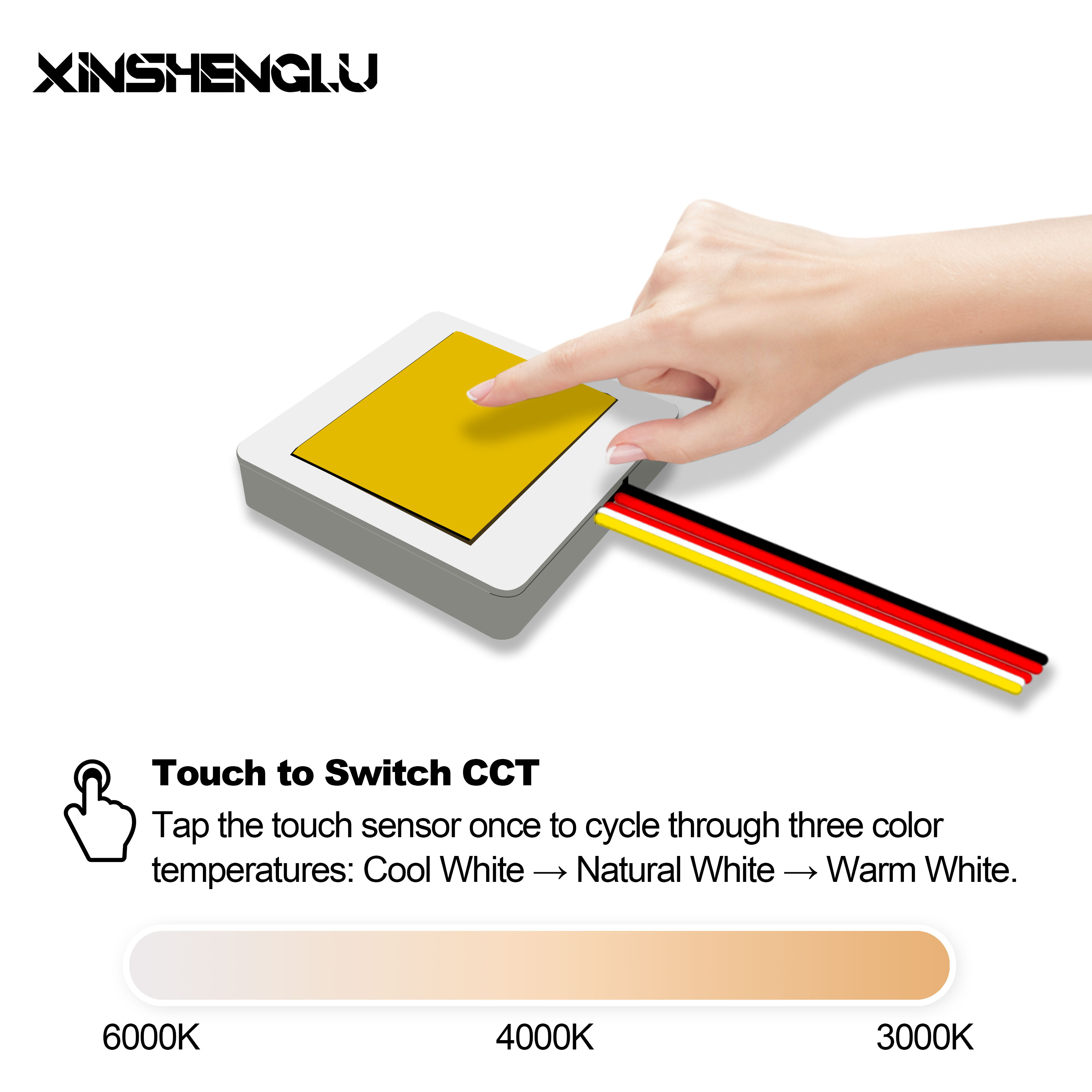 Finger touching mirror switch module to cycle through color temperatures: 6000K, 4000K, 3000K.