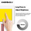 Hand pressing LED mirror touch switch to adjust brightness continuously via stepless dimming.