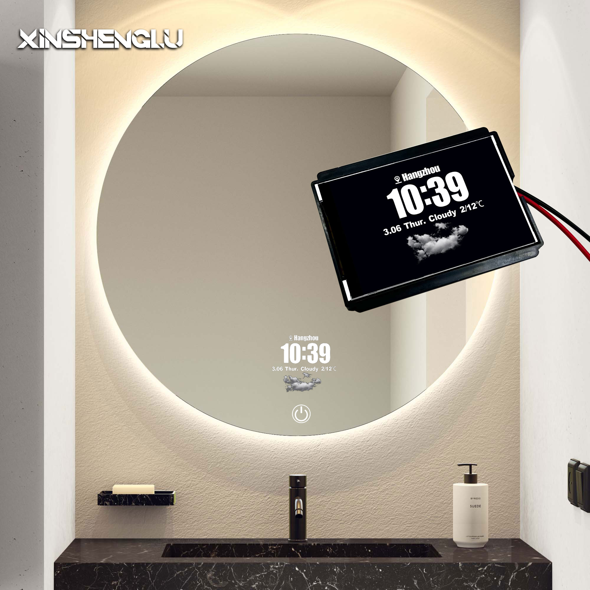 Smart bathroom mirror with built-in weather and time display for hotel application