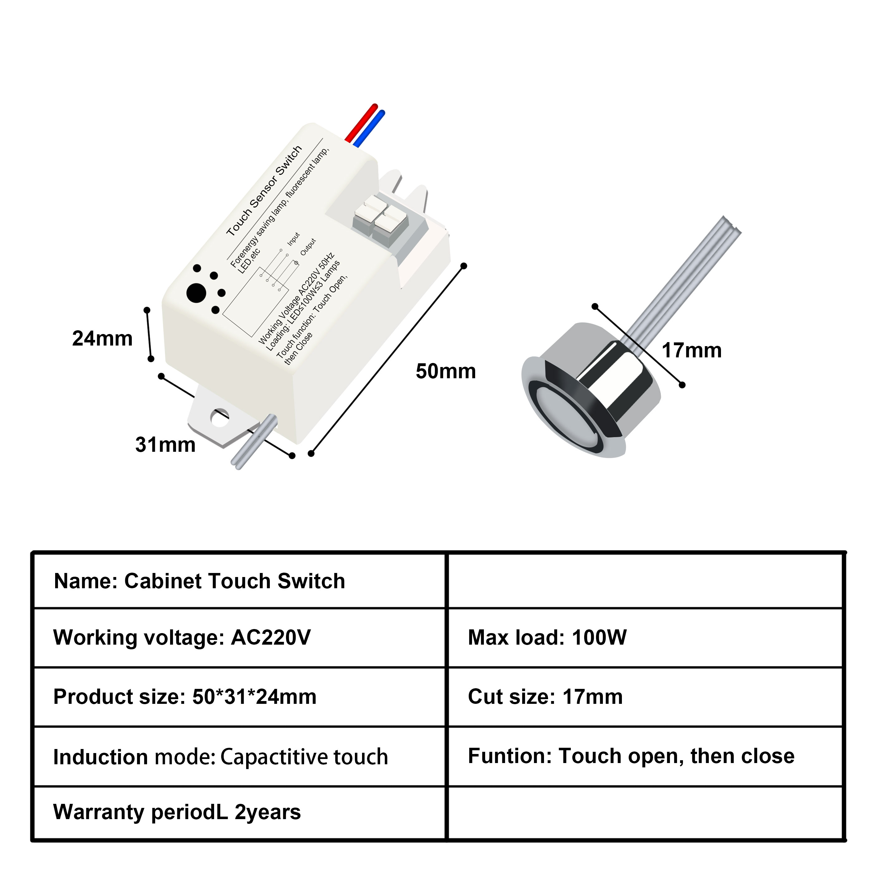 Cabinet touch sensor switch dimensions and specifications – AC220V 100W load