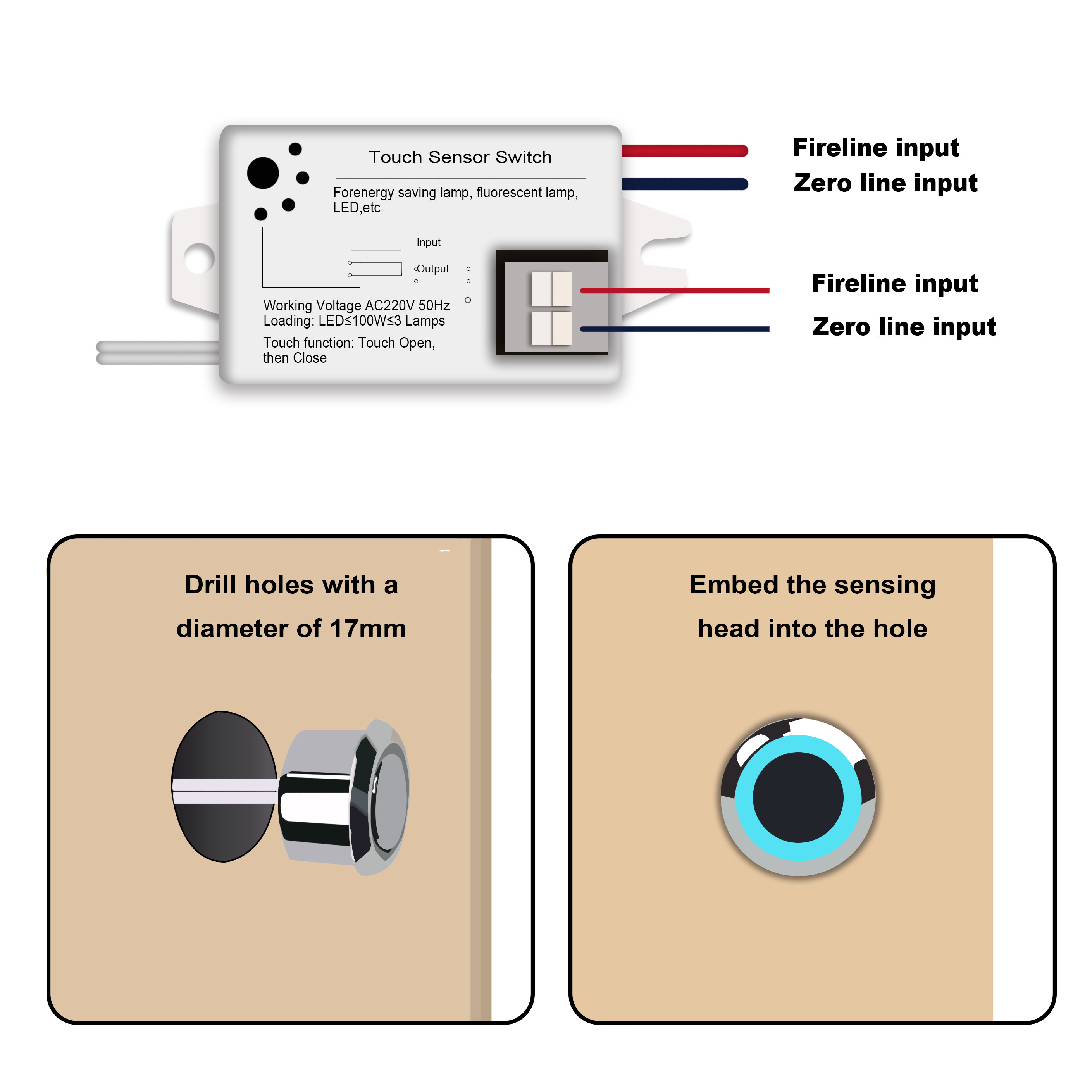 AC220V capacitive touch sensor switch wiring diagram and installation guide