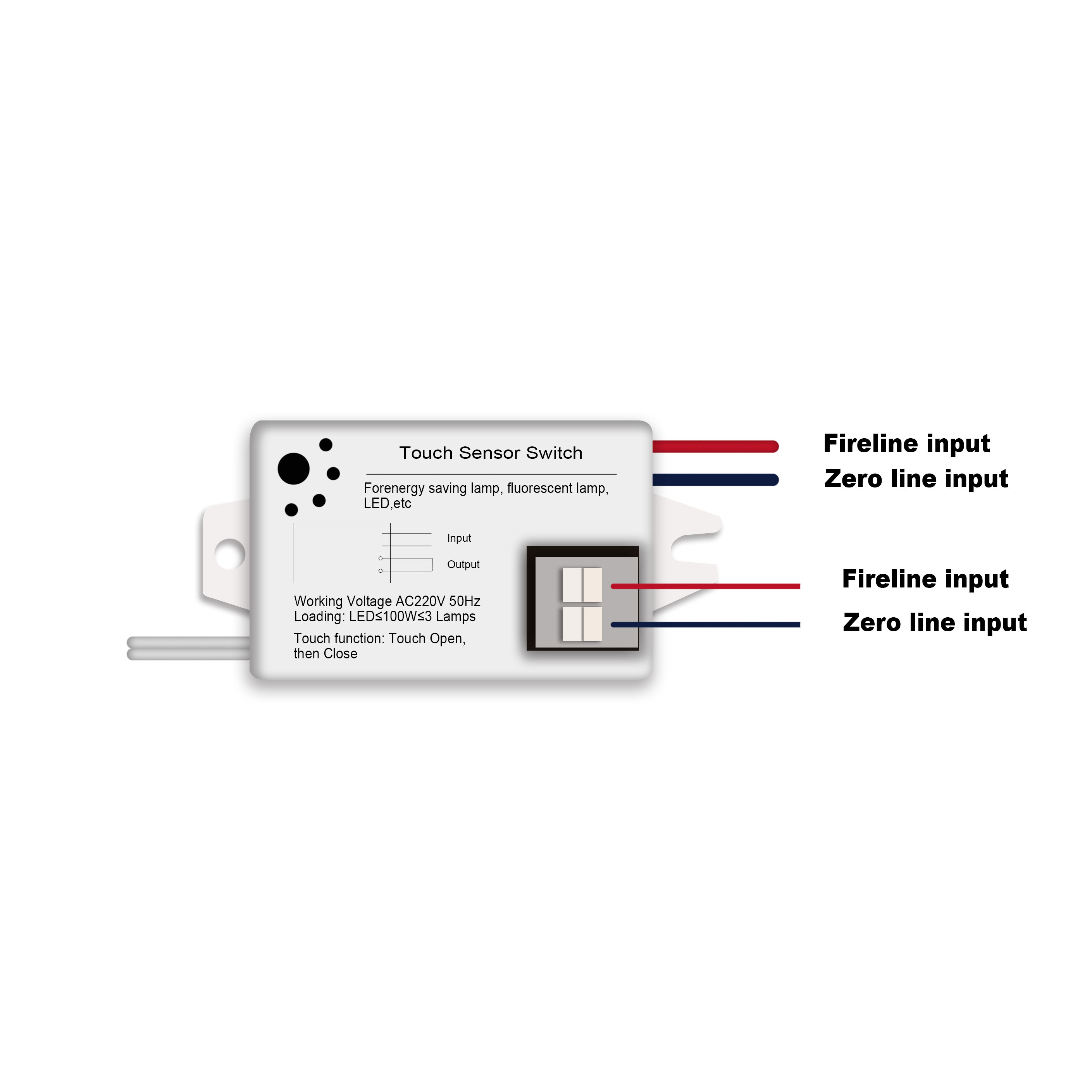 Wiring diagram for touch sensor switch showing fireline and zero line input and output