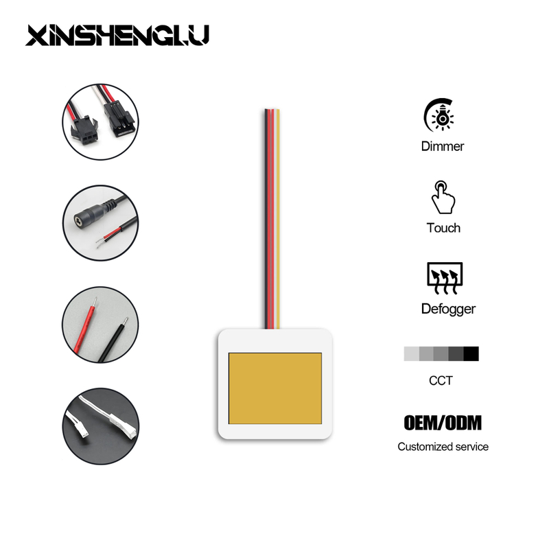 Square touch sensor module with dimmer, defogger, and color temperature control for LED mirrors. Includes connector options and OEM service.