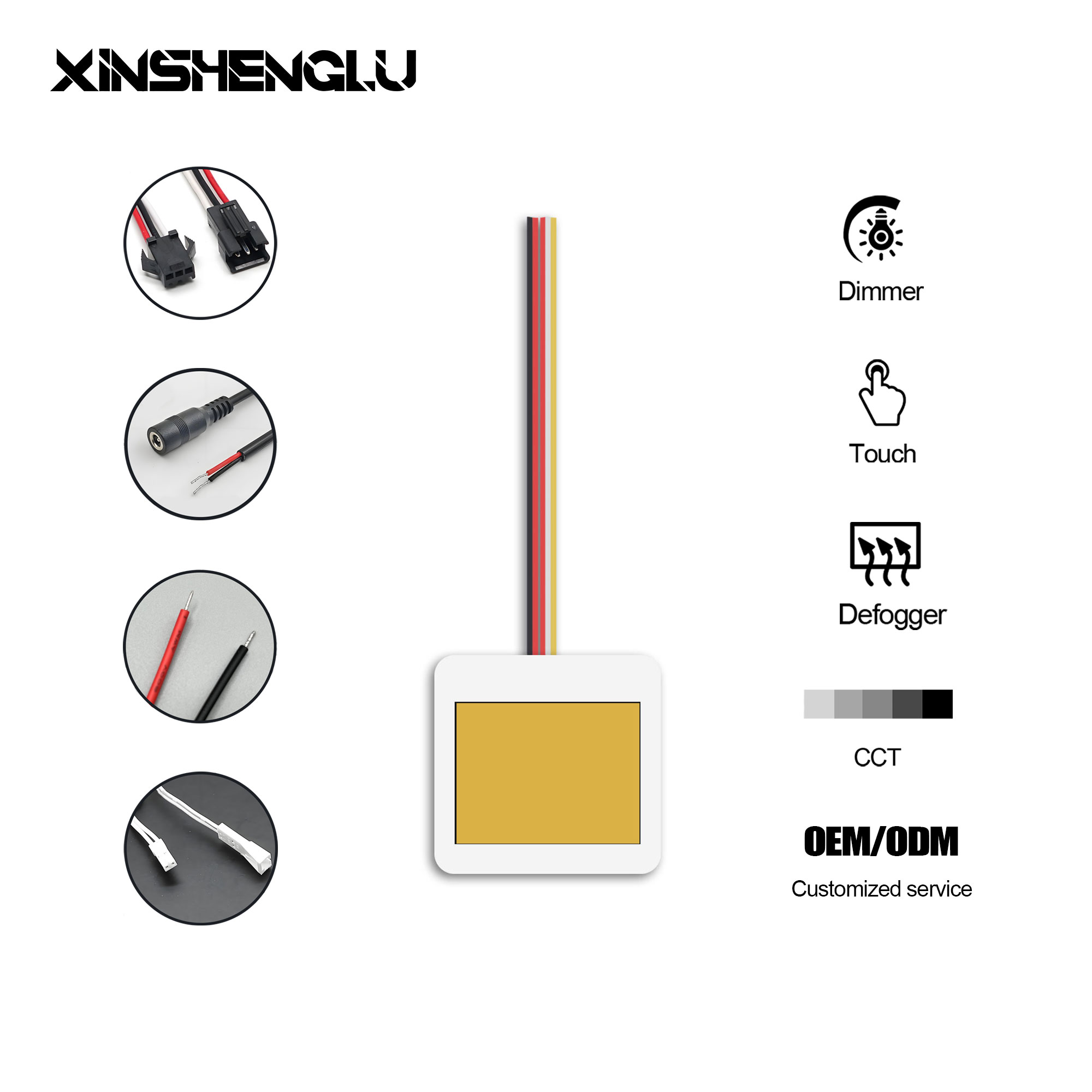 Square touch sensor module with dimmer, defogger, and color temperature control for LED mirrors. Includes connector options and OEM service.