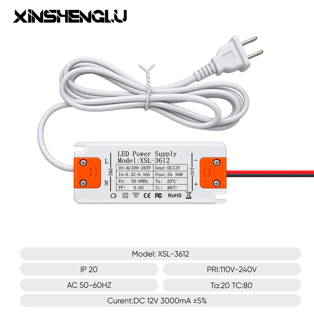 XINSHENGLU XSL-3612 12V 3A 36W LED power supply with white AC power cord and red-black DC output wires.