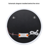 Rear installation illustration of a round LED mirror with an XSL-3612 power supply, mounting brackets and electrical cables.