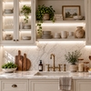 Modern kitchen with warm white LED lighting inside glass-front cabinets and beneath open shelves above a marble countertop.