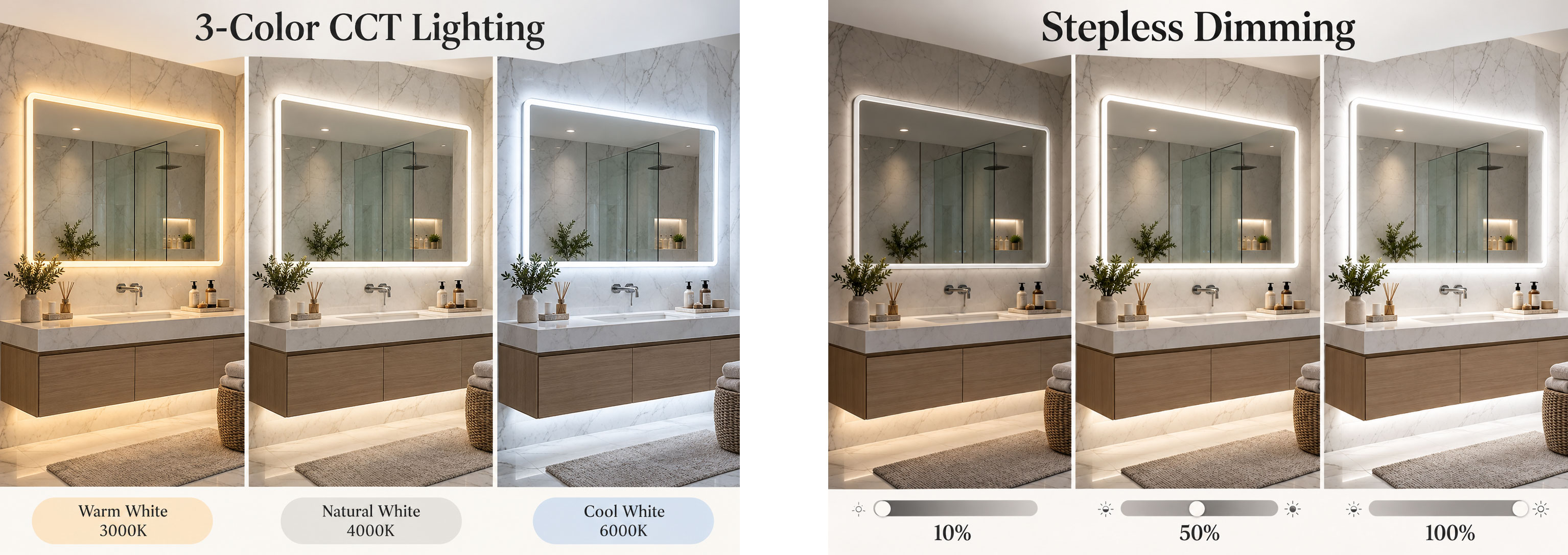 Three side-by-side views of an LED bathroom mirror showing warm white 3000K, natural white 4000K and cool white 6000K lighting.