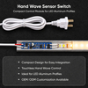 Illustrated LED lighting assembly with an electrical plug, cable, blue sensor PCB, aluminum profile and illuminated LED strip.