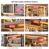 Six illustrated installation applications for 12V LED power supplies behind mirrors, inside mirror cabinets, under vanity tables, and in wardrobes, display cabinets and vanity cabinets.