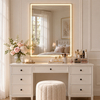 Modern bathroom with illuminated rectangular LED mirror, cool white lighting and double vessel sinks