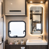 Compact RV bathroom LED mirror with dimmable lighting and Bluetooth controller compatibility