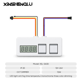 XSL-SA3D 12V–24V LED mirror touch switch module with digital display, two touch control areas and wiring connectors.