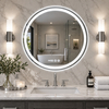 Round illuminated LED bathroom mirror with digital clock, lighting touch switch and defogger control icon above a sink.