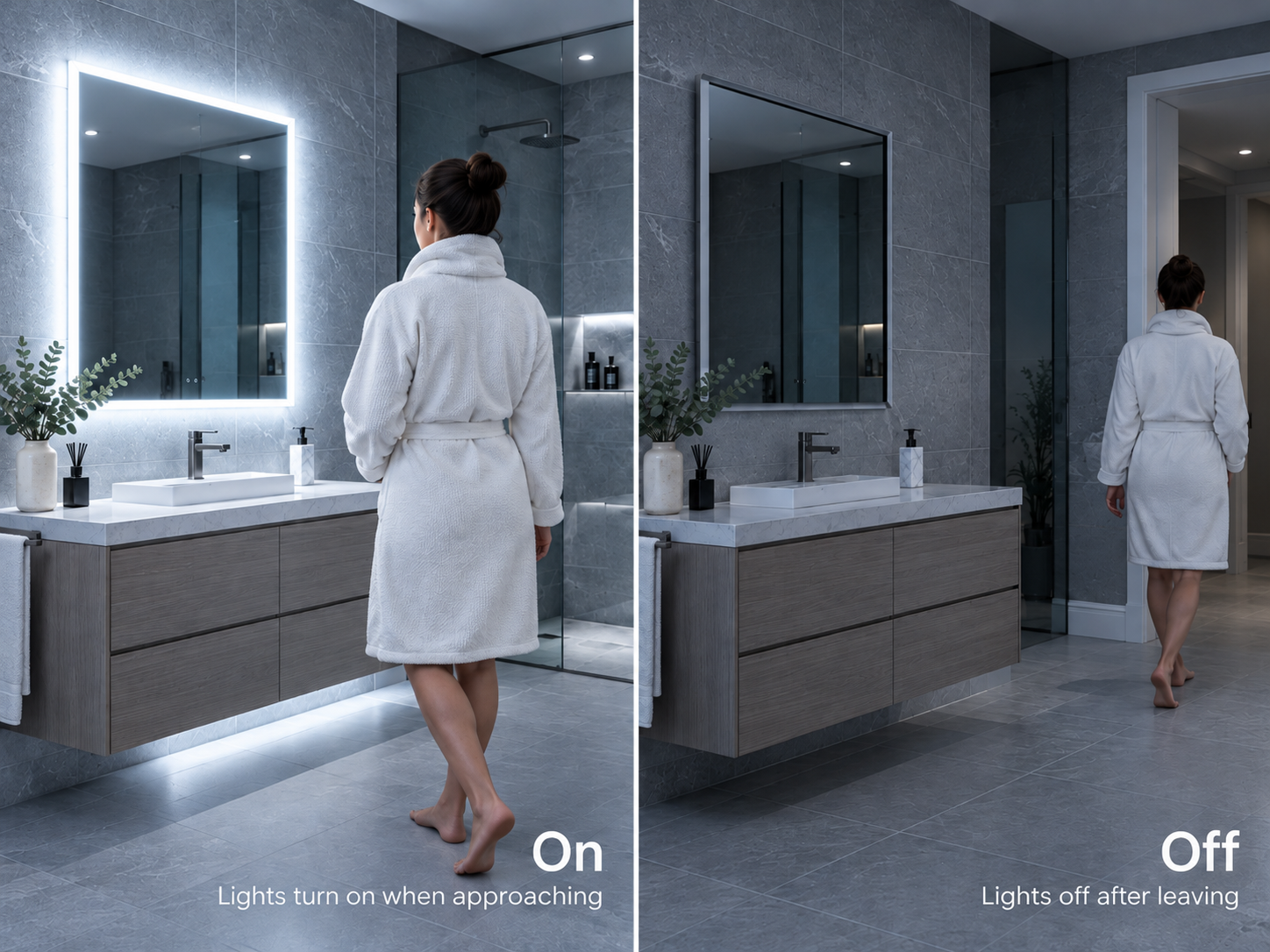 Motion sensor LED bathroom mirror lighting up when a person approaches and turning off after they leave, shown in a modern bathroom comparison.