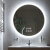 Round LED bathroom mirror with segment-only display, touch icons and no visible rectangular display window