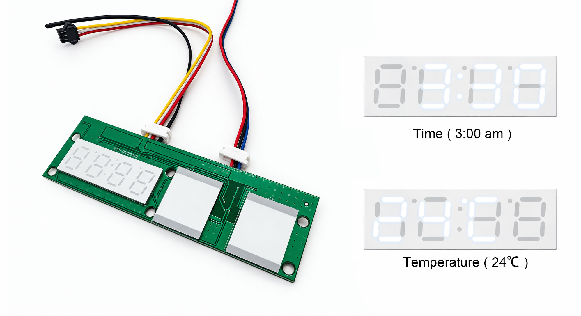 XSL-SA3D-RT LED mirror touch switch PCB with a four-digit digital display showing alternating time and ambient temperature readings.